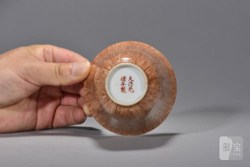 清光绪 仿木纹釉铃铛杯一对 - 图5